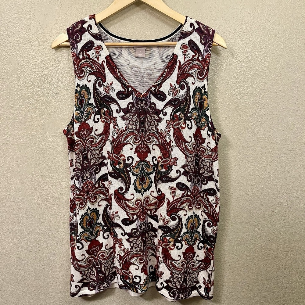 Chicos 3 Paisley Boho Knit Top Sleeveless Autumn Artsy Maximalist Office XL